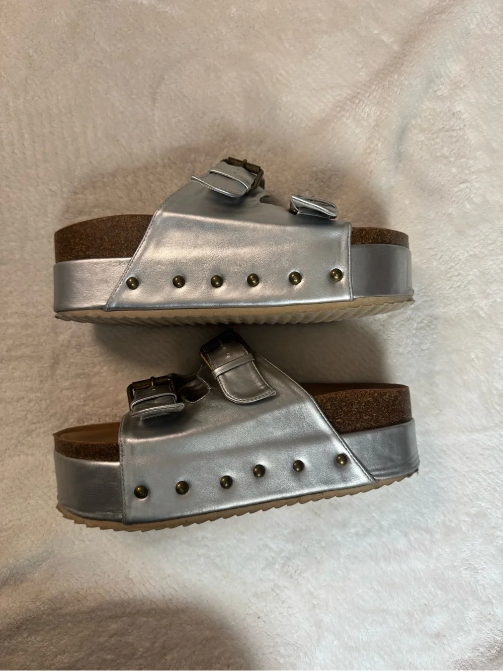 Silver & Cork Platform Buckle Slides